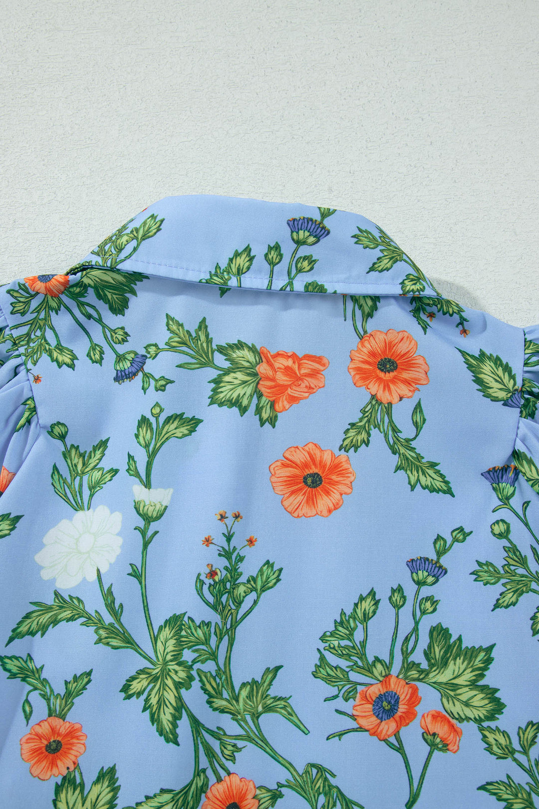 Sky Blue Floral Print Bracelet Sleeve Button Down Casual Shirt