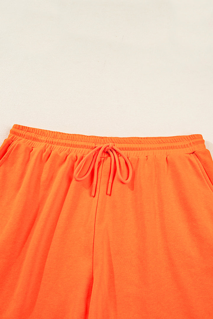 Orange Plus Size Varsity Striped Pullover Drawstring Elastic Waistband Short Set