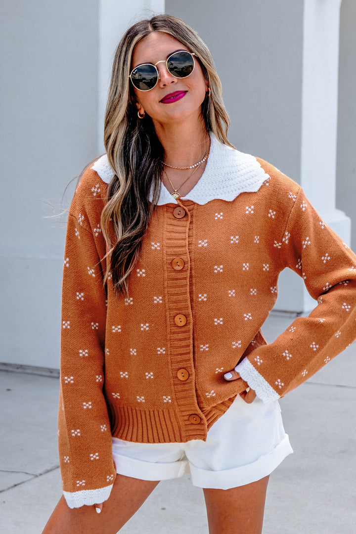 Orange Peter Pan Collar Colorblock Long Sleeve Knitwear Cardigan