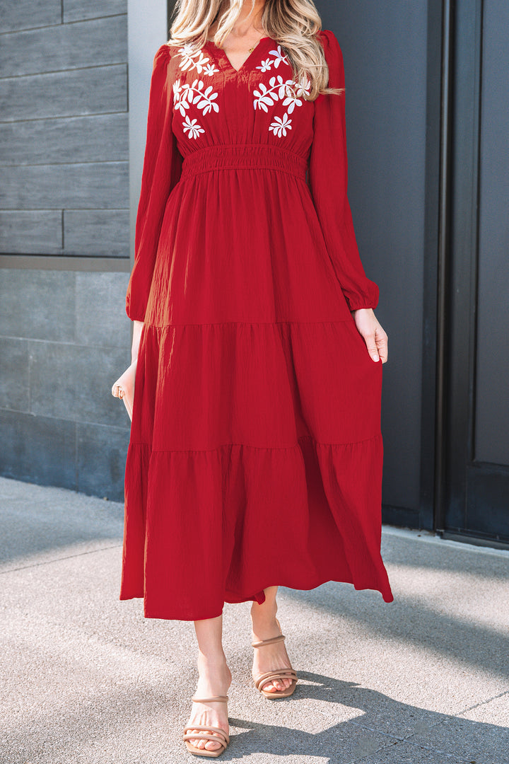 Contrast Embroidered Detail Cinched Waist Tiered Long Sleeve Maxi Dress
