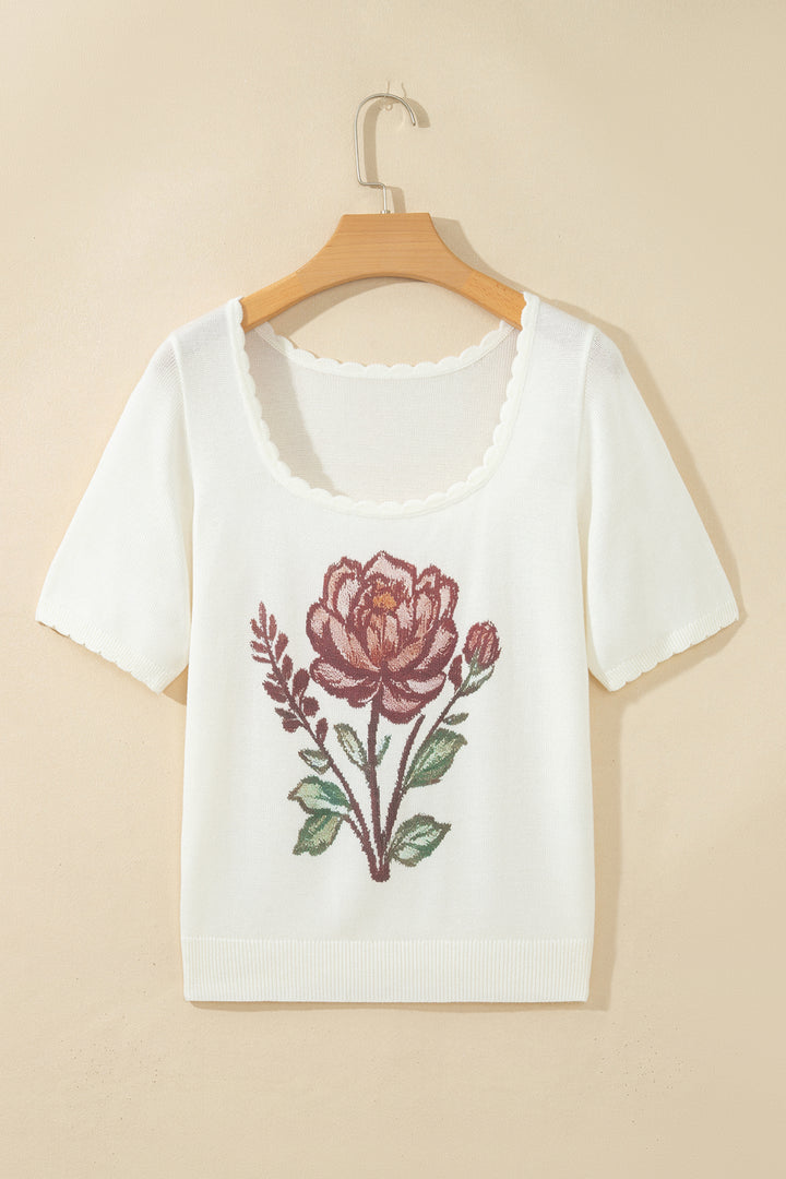 Chic White Western Floral Print Short Sleeve Square Collar Knit Sweater