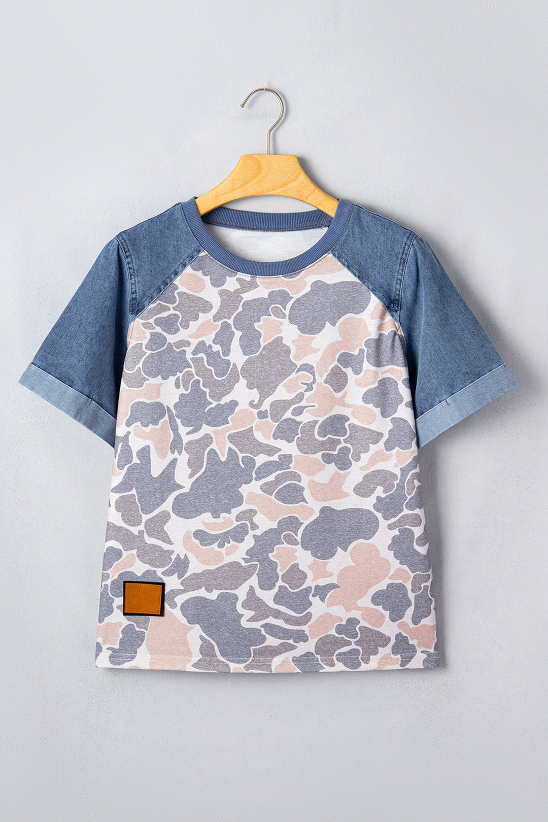 Multicolour Camouflage Print Denim Color Block Sleeve Casual Tee