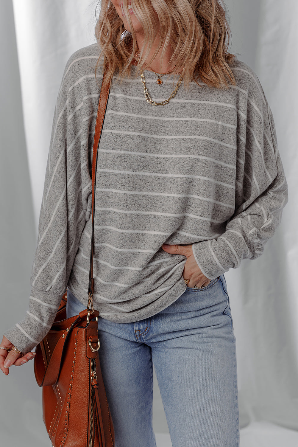 Gray Stripe Dolman Sleeve Cotton Top