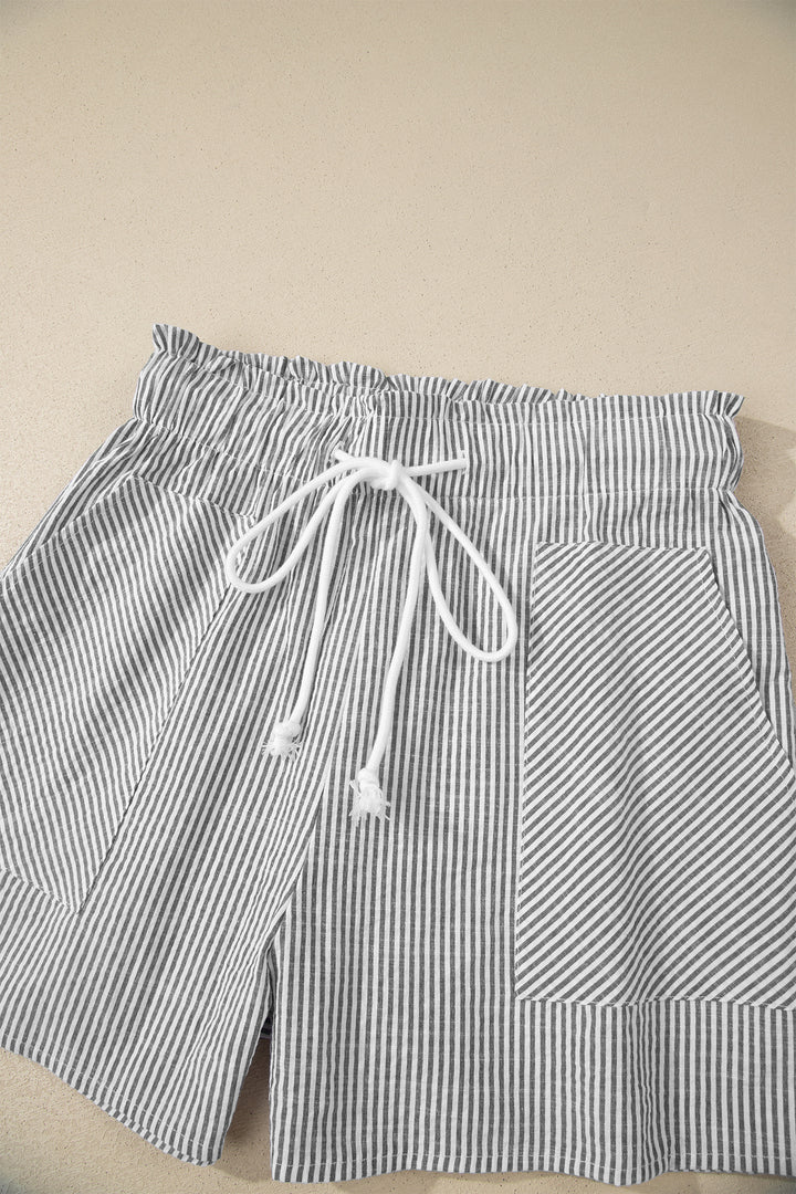 Gray Stripe Lace-up Elastic Waist Casual Pocketed Shorts