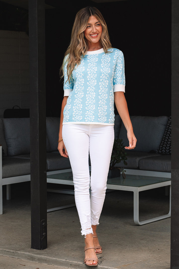 Contrast Floral Crewneck Short Sleeve Sweater