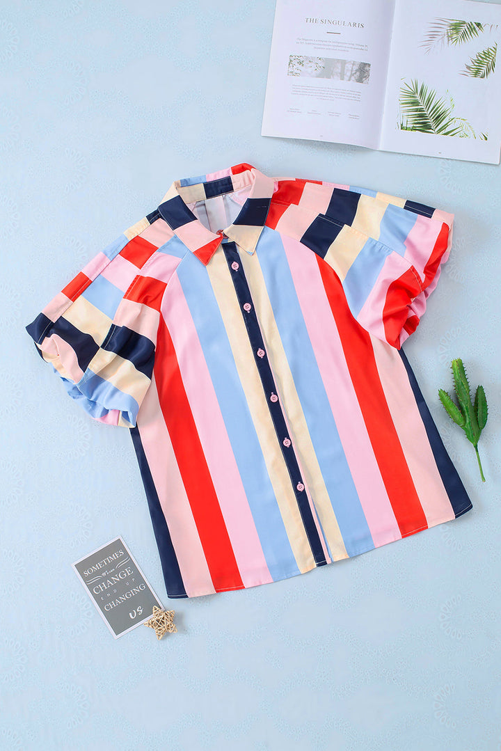 Color Block Striped Puff Sleeve Buttoned Shirt