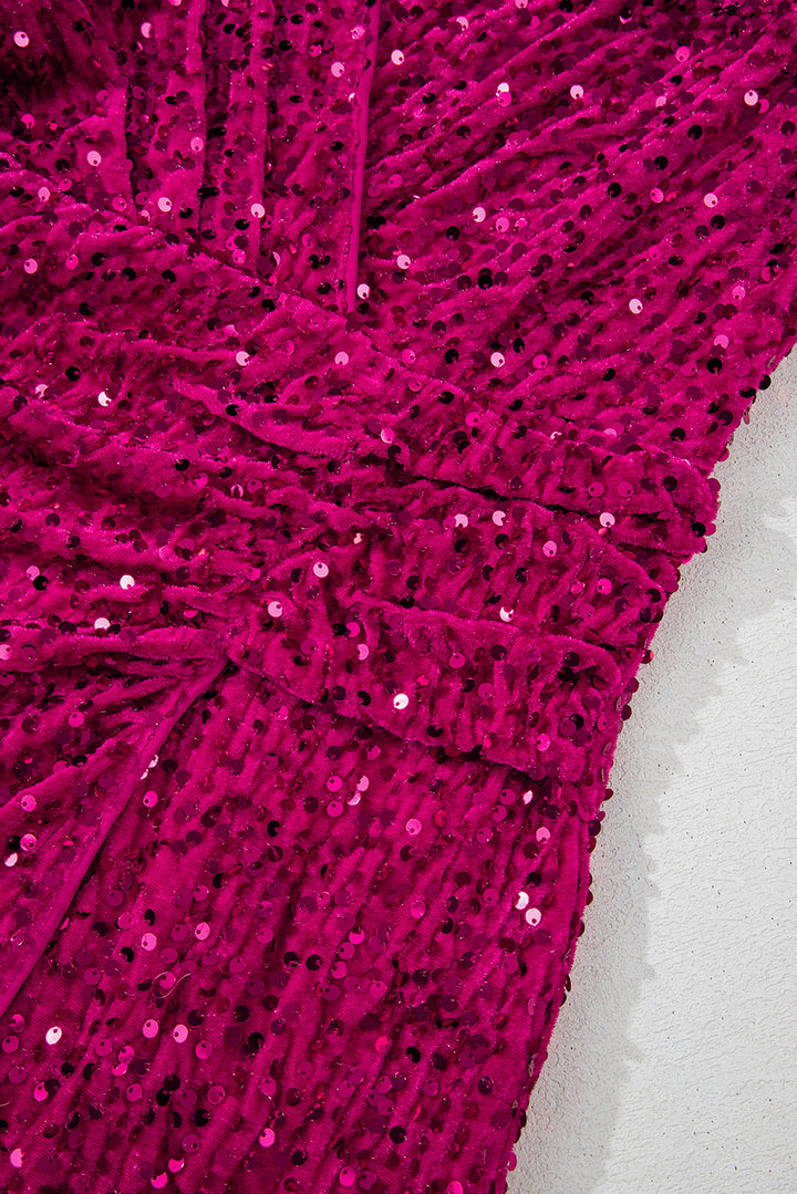 Pitaya Pink Velvet Sequin Long Sleeve V Neck Wrapped Party Mini Dress