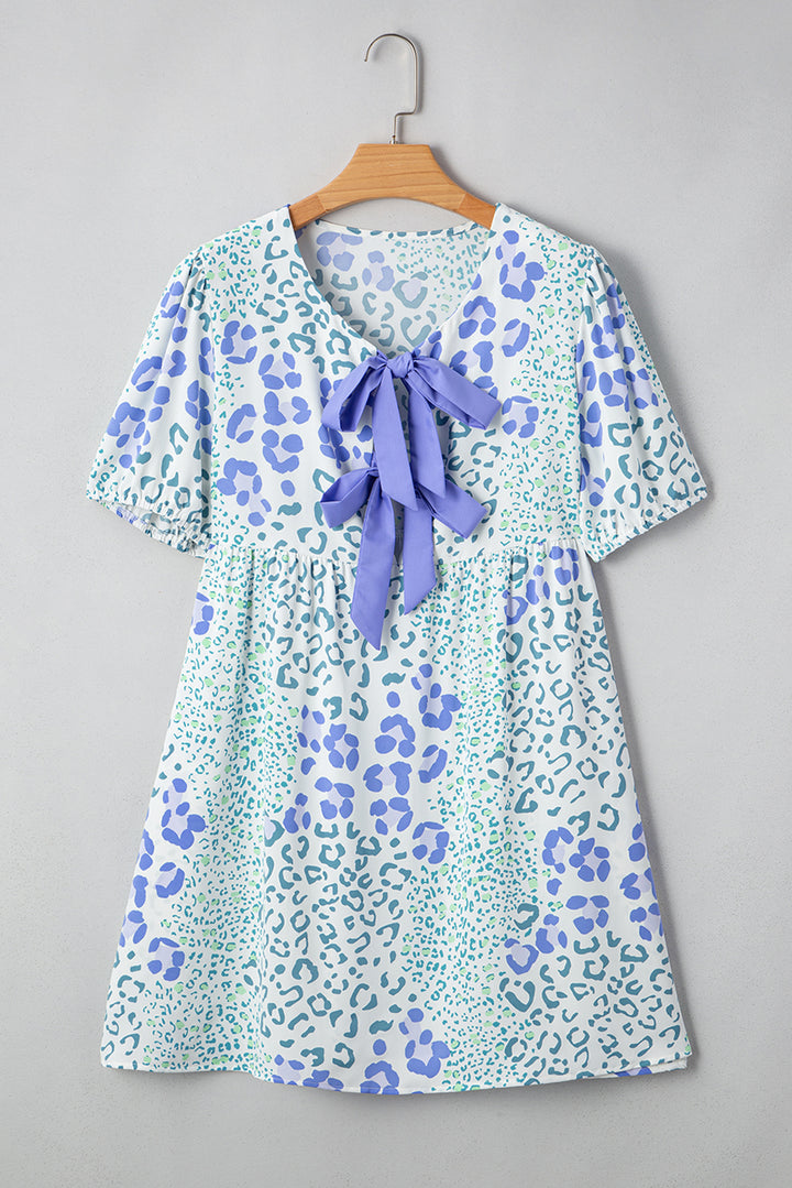 Leopard Contrast Bow Puff Sleeve Mini Dress