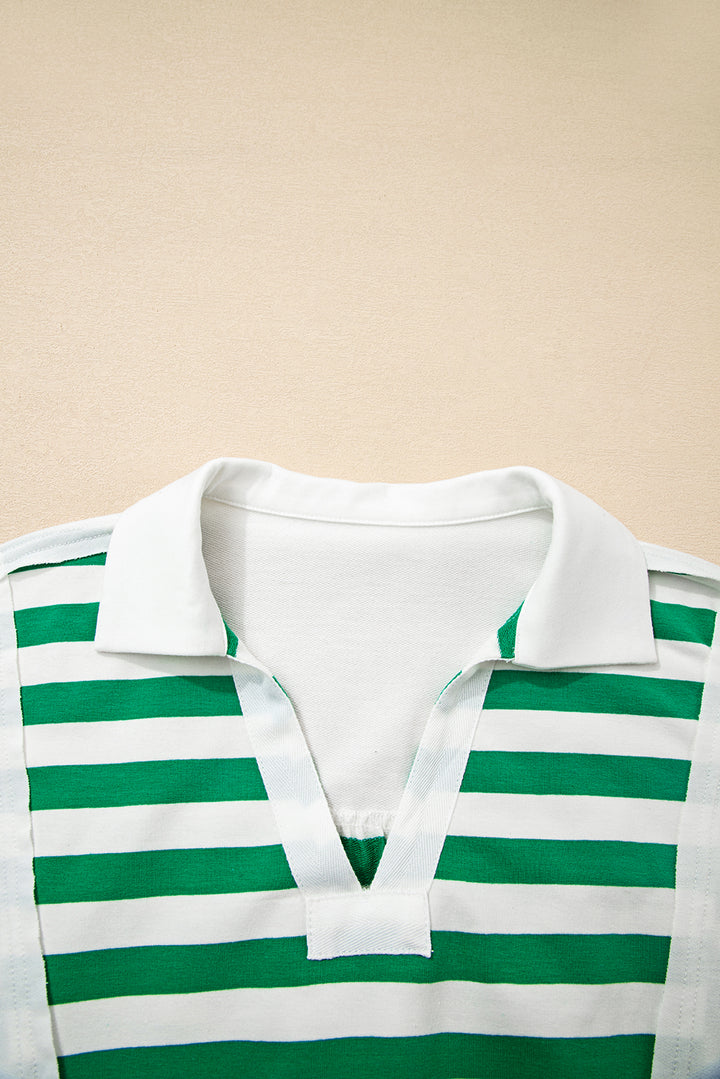 Colorblock Collared V Neck Cropped Knit Pullover