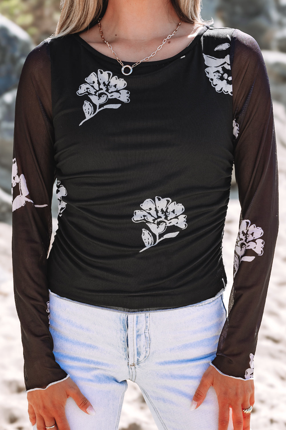 Floral Mesh Lettuce Edge Ruched Slim Long Sleeve Top