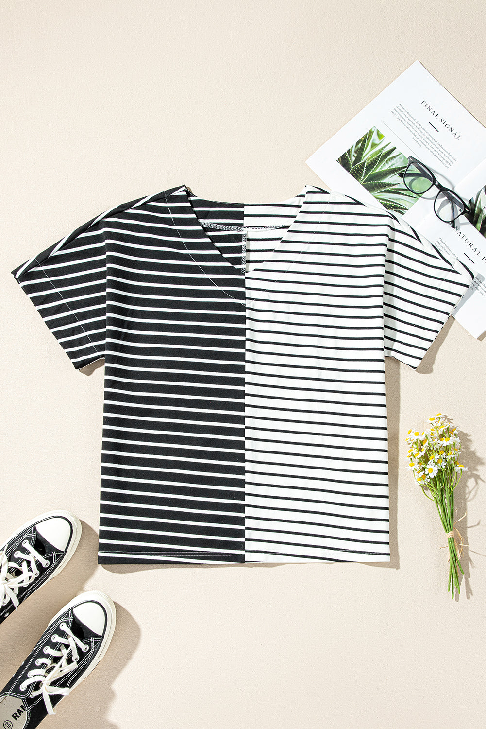 Two Tone Colorblock V Neck T Shirt