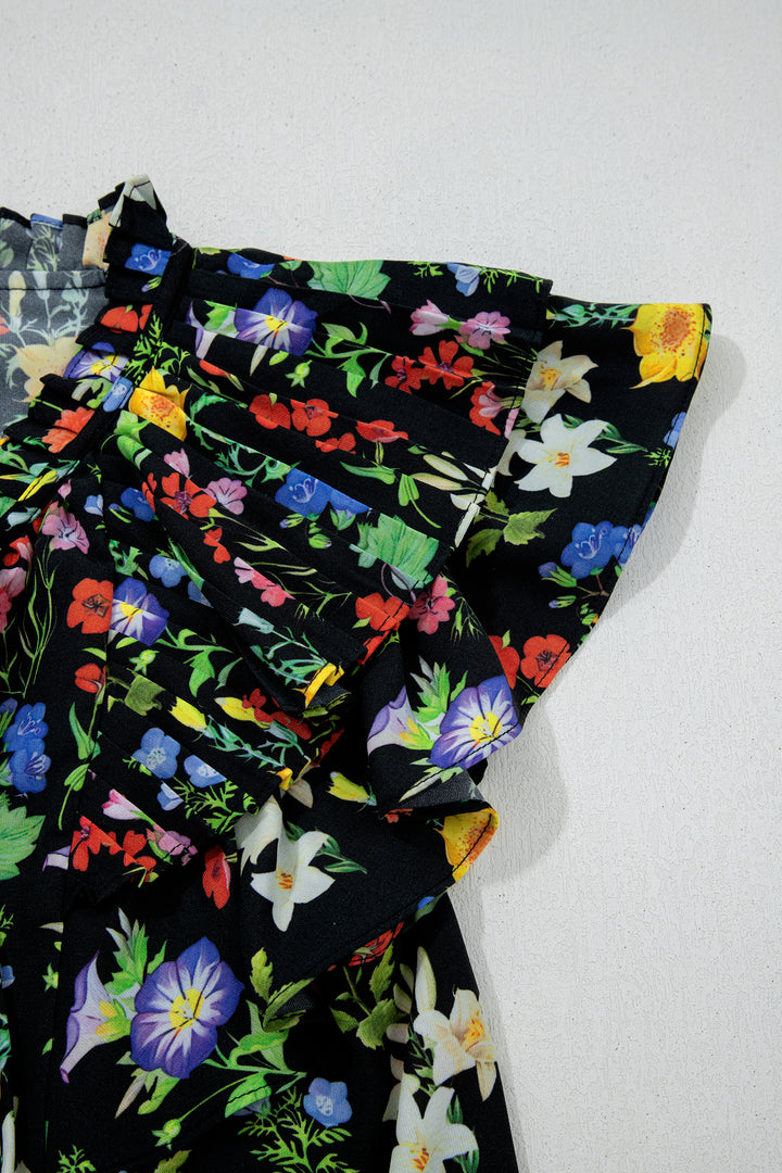 Tiered Flutter Sleeve V Neck Flower Blouse