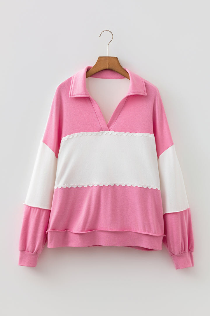 Rose Red Color Block Ricrac Trim Patchwork Collar V Neck Long Sleeve Top