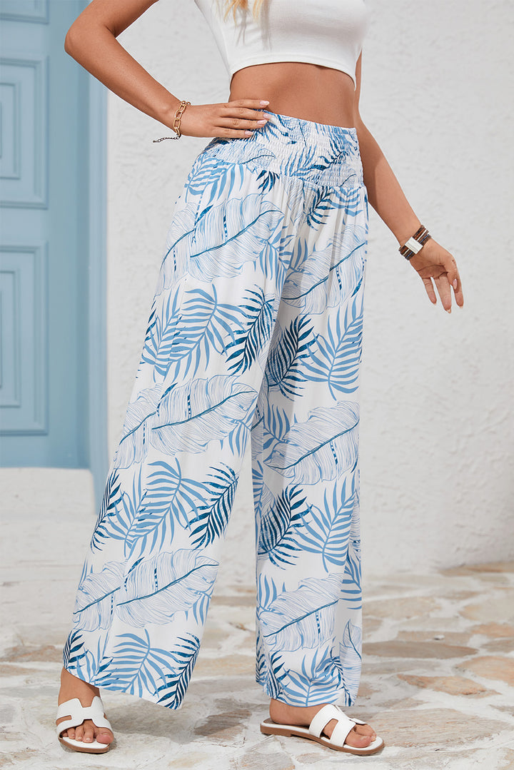 Sky Blue Botanic Print Shirred Waistband Wide Leg Pants