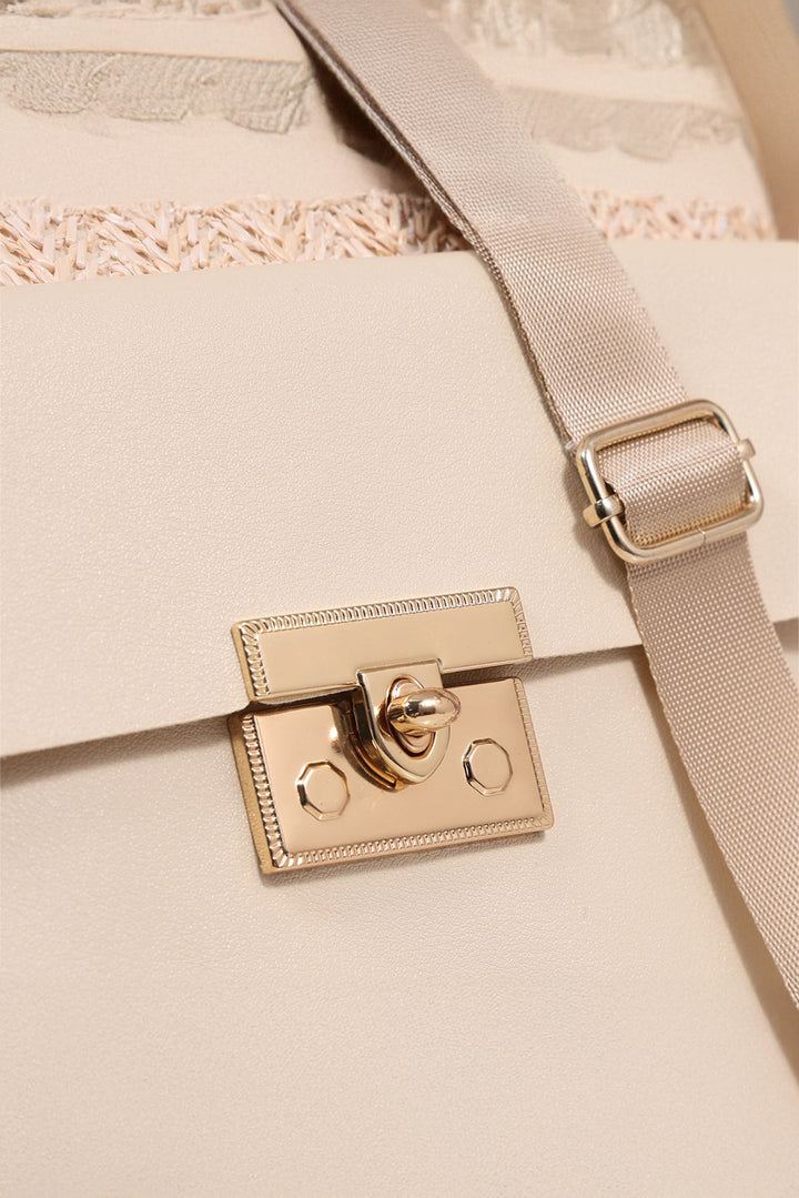 Leather Pocket Patchwork Straw Woven Shoulder Bag