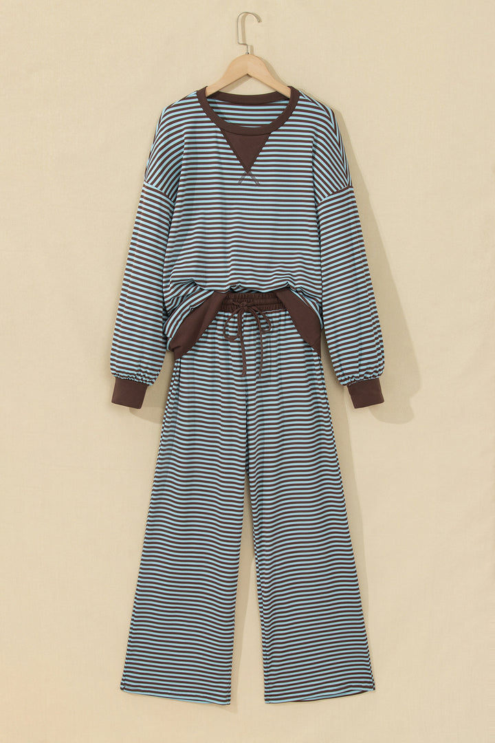 Brown Stripe Drop Shoulder Loose Top and Pants Two Piece Set