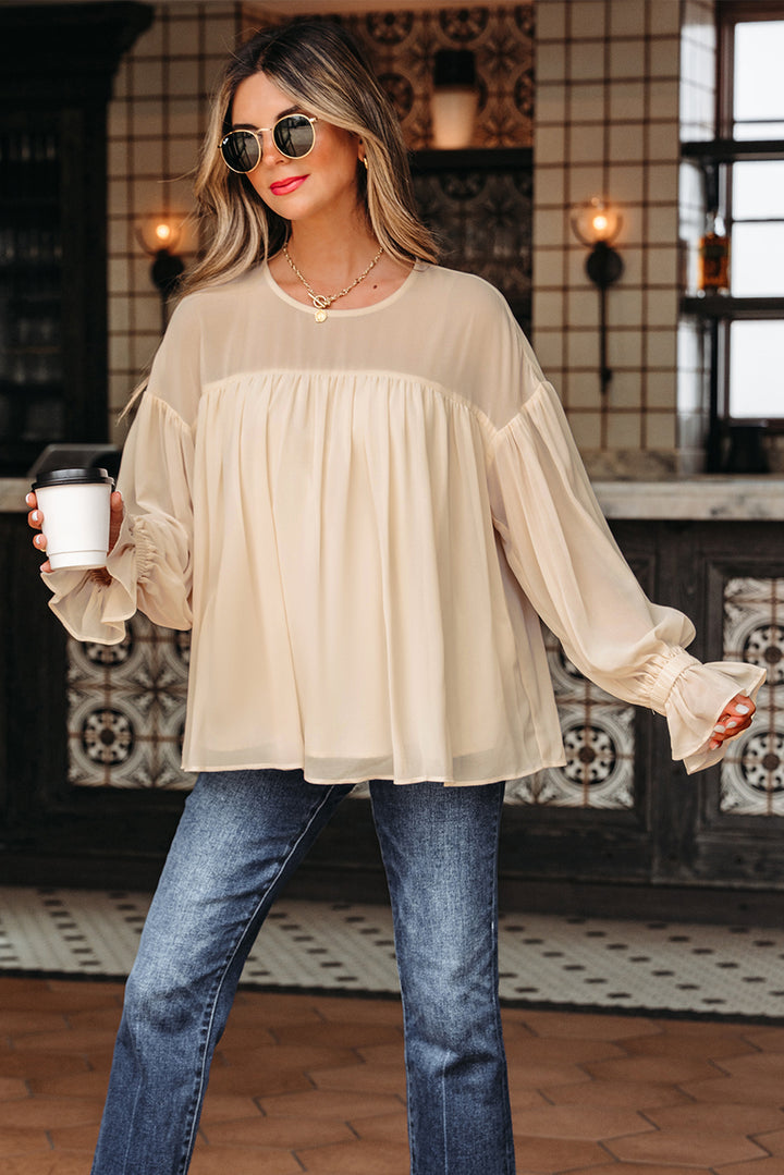 Pleated Ruffle Long Sleeve Chiffon Blouse