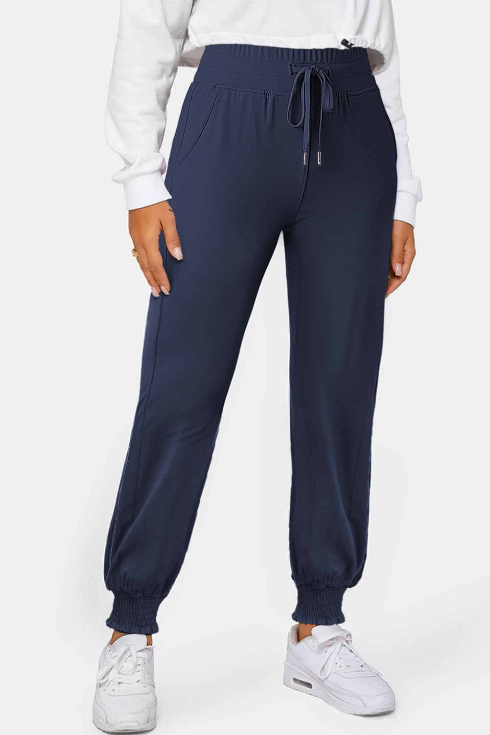 Navy Blue Drawstring Elastic Waist Smocked Jogger Pants