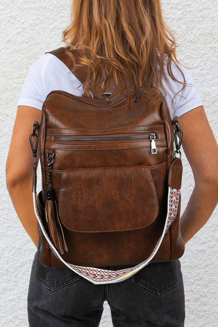 Tassel Decor Retro PU Large Capacity Backpack