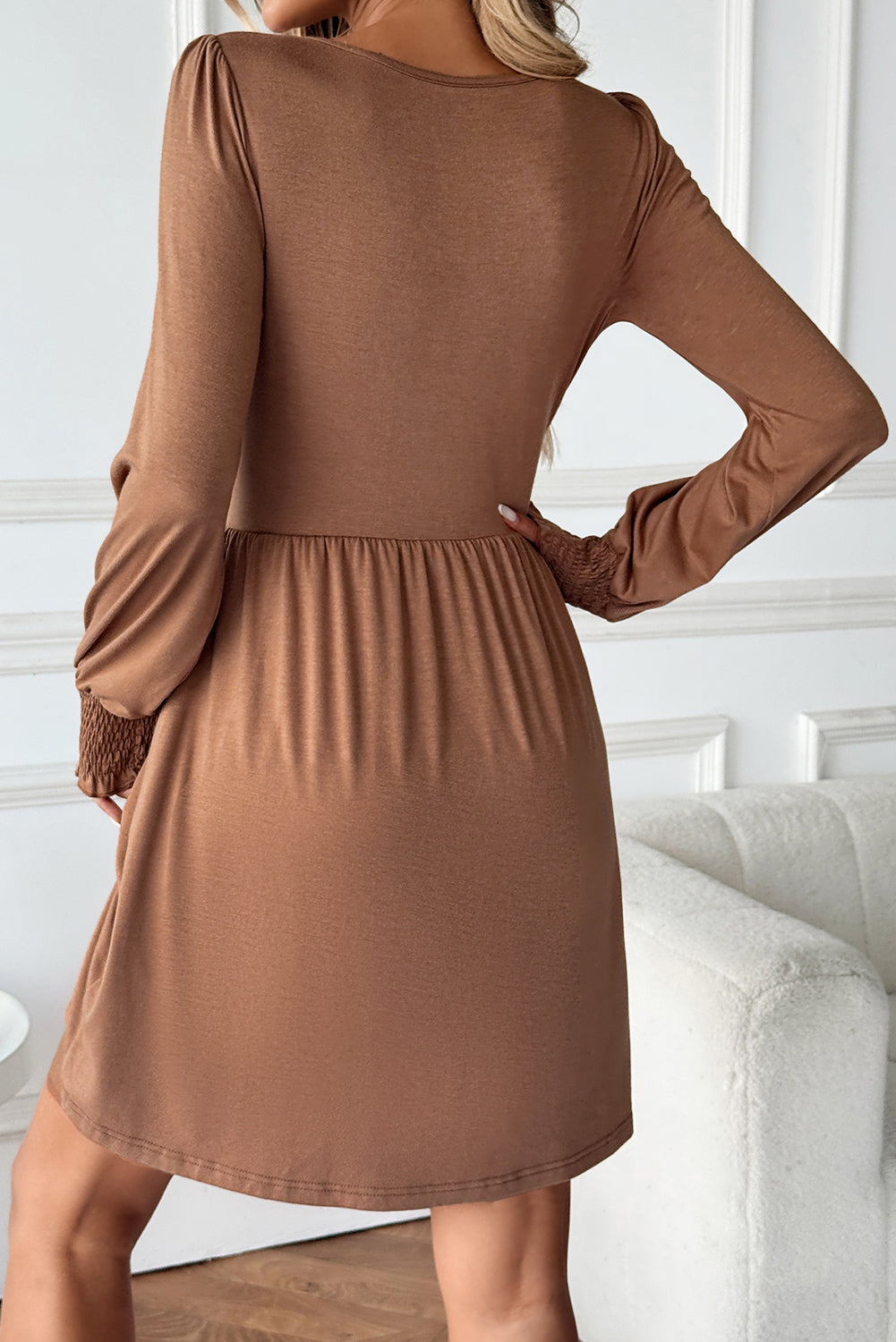 Chestnut Shirred Cuff Long Sleeve Button Mini Dress