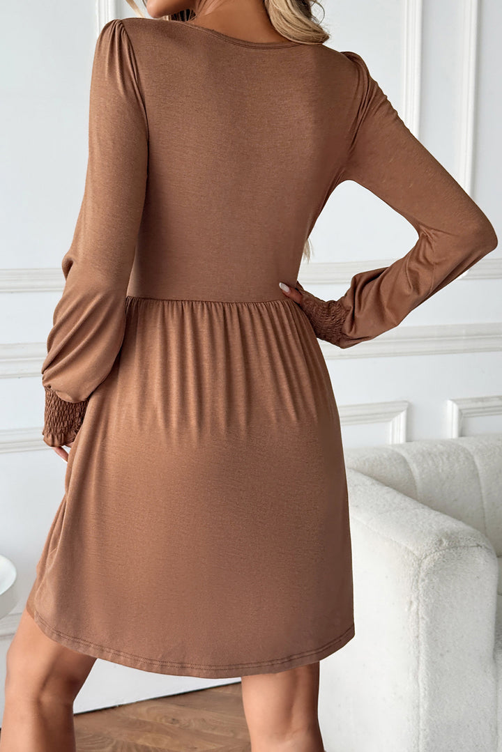 Chestnut Shirred Cuff Long Sleeve Button Mini Dress