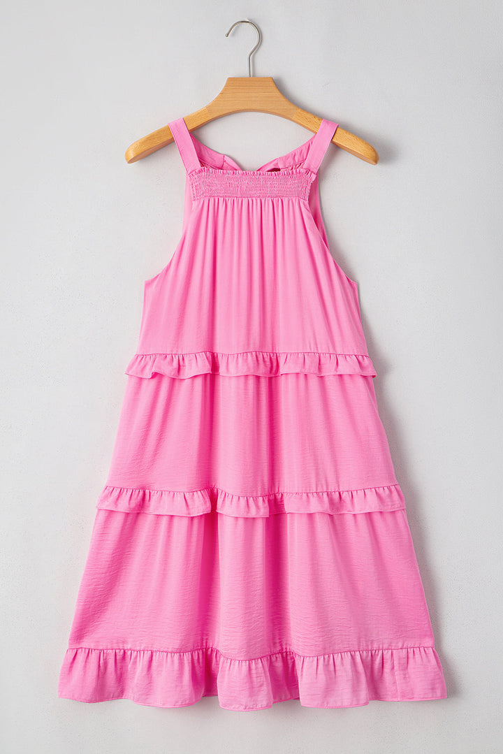 Smocked Neck Knot Back Frilly Tiered Sleeveless Mini Dress