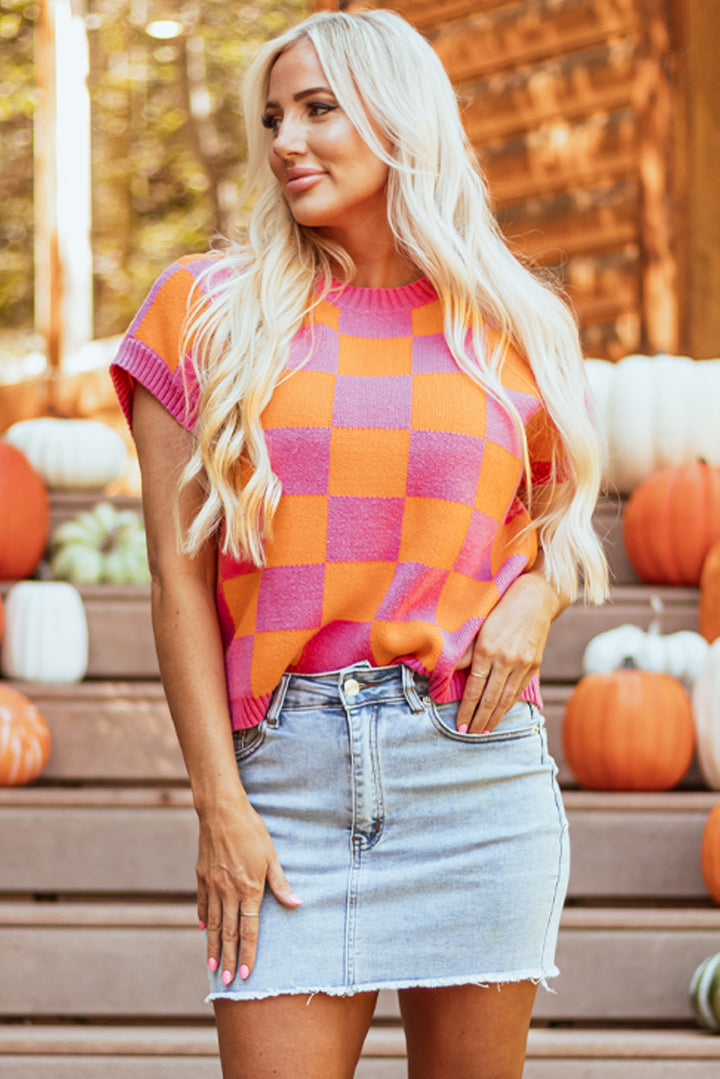 Colorblock Plaid Pattern Ribbed Trim Sweater Tank Top