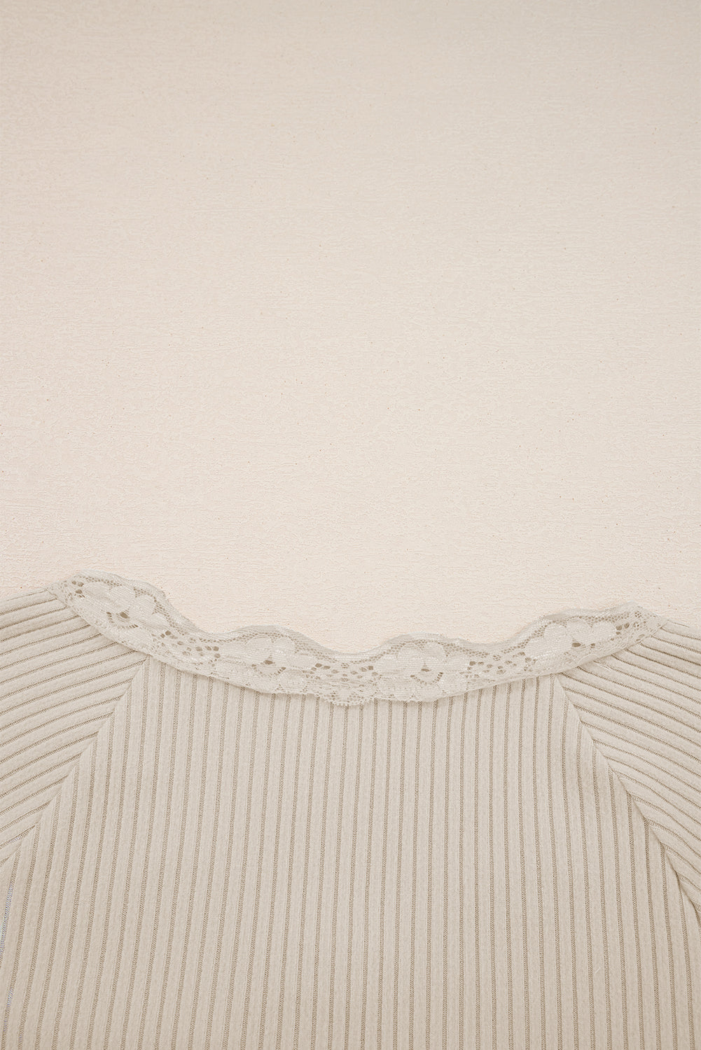 Beige Lace Neckline Button Decor Lettuce Edge Long Sleeve Ribbed Top