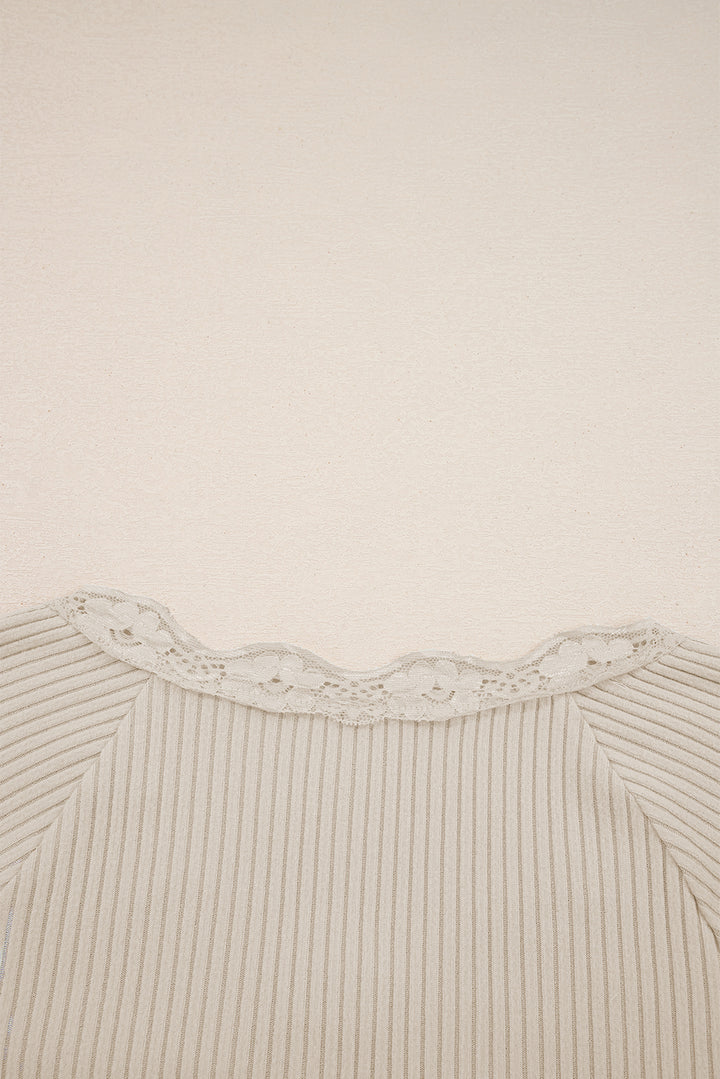 Beige Lace Neckline Button Decor Lettuce Edge Long Sleeve Ribbed Top