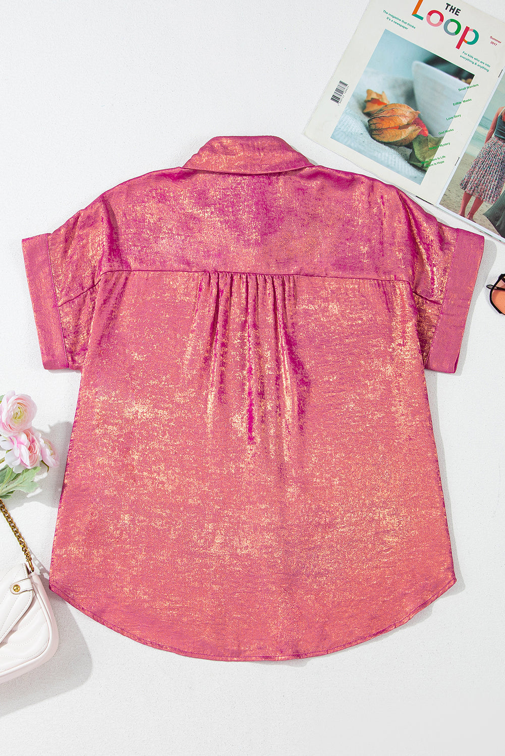 Metallic Sheen Short Sleeve Buttoned Front Casual Shirt