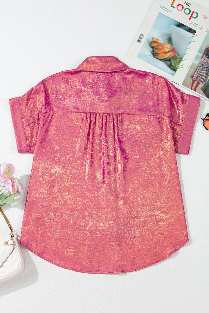 Metallic Sheen Short Sleeve Buttoned Front Casual Shirt