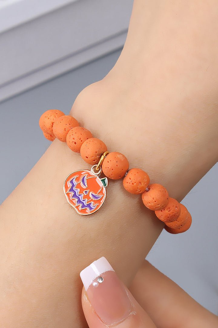 Halloween Pumpkin Face Pendant Beaded Elastic Bracelet