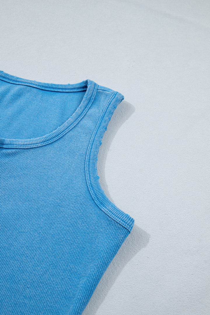 Blue Vintage Distressed Ribbed Mineral Wash Tank Top