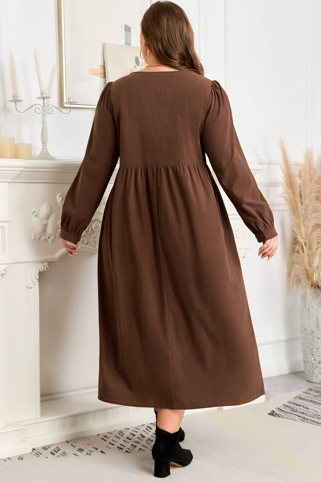 Coffee Embroidered Notched Neckline Pleated High Waist Plus Size Midi Dress