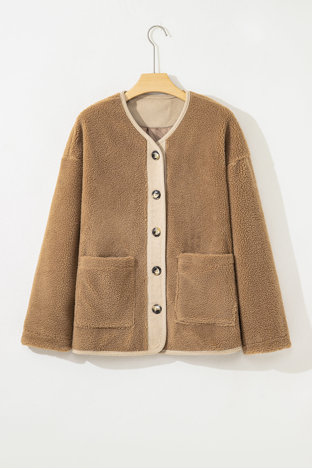 Light French Beige Puffy Plush Corduroy Edge Jacket with Big Pockets
