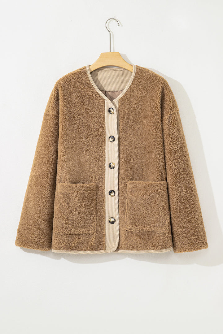 Light French Beige Puffy Plush Corduroy Edge Jacket with Big Pockets