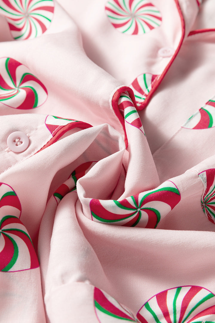 Pink Christmas Candy Contrast Trim Bow Knot Silky 2pcs Pajama Set