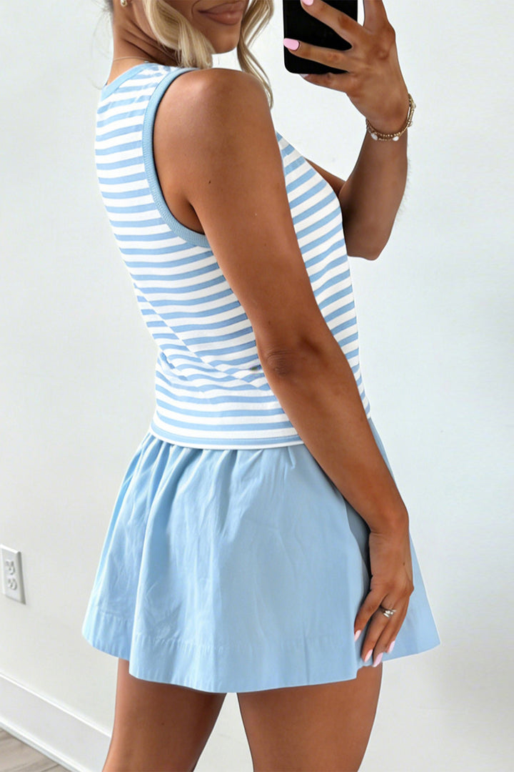 Sky Blue Stripe Slim Tank Contrast Ruffle Mini Skort Set