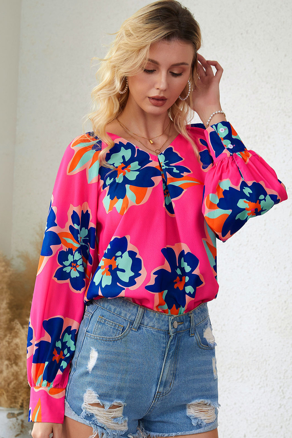 Rose Flower Print Puff Sleeve Blouse