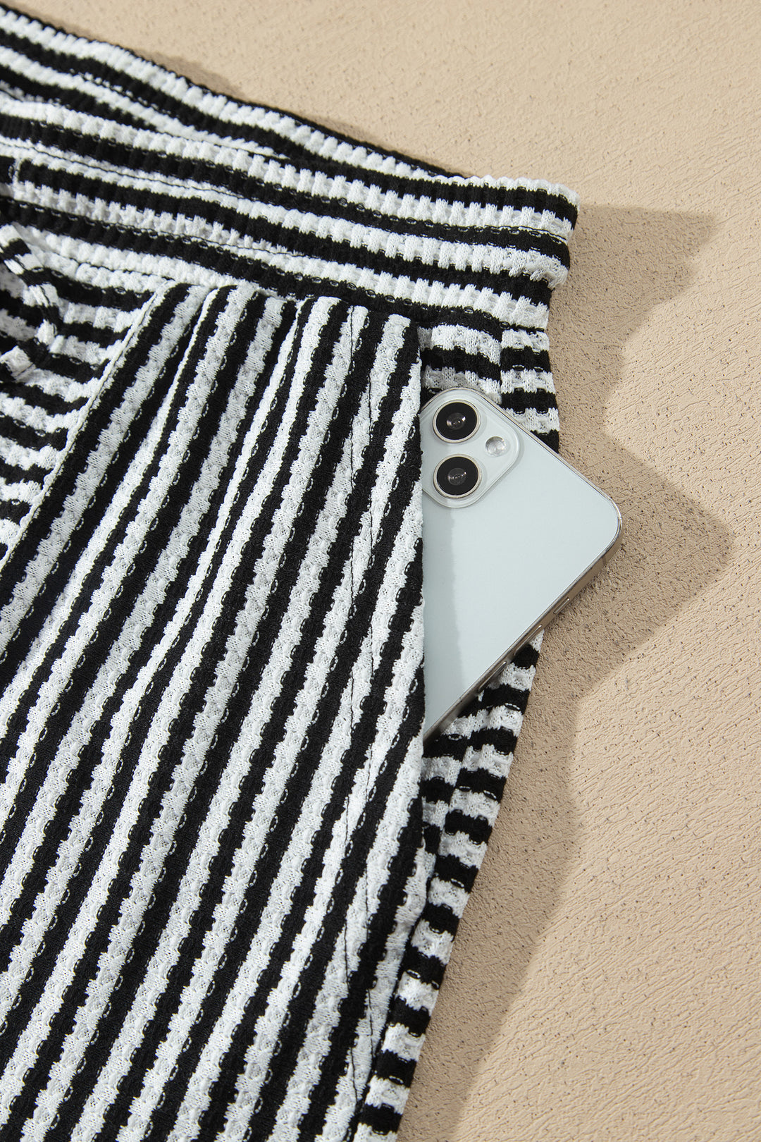 Black Stripe Textured Knit Long Sleeve Top Elastic Waist Shorts Casual Outfit