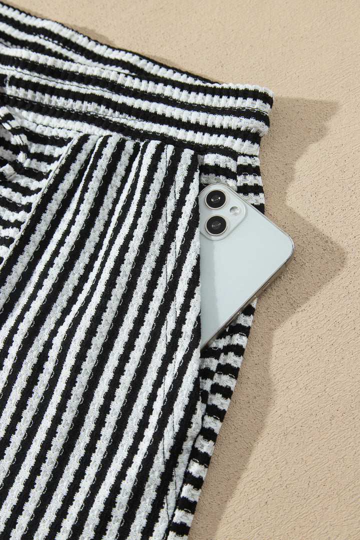 Black Stripe Textured Knit Long Sleeve Top Elastic Waist Shorts Casual Outfit