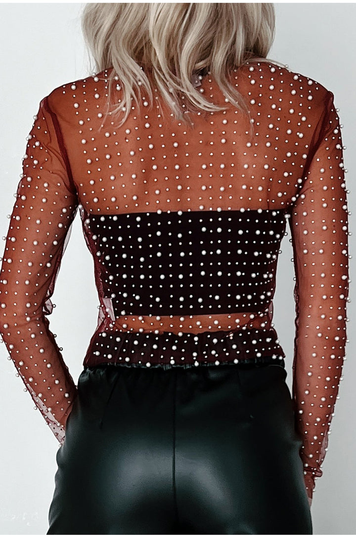 Burgundy Pearl Beaded Mesh Long Sleeve Raw Hem Top