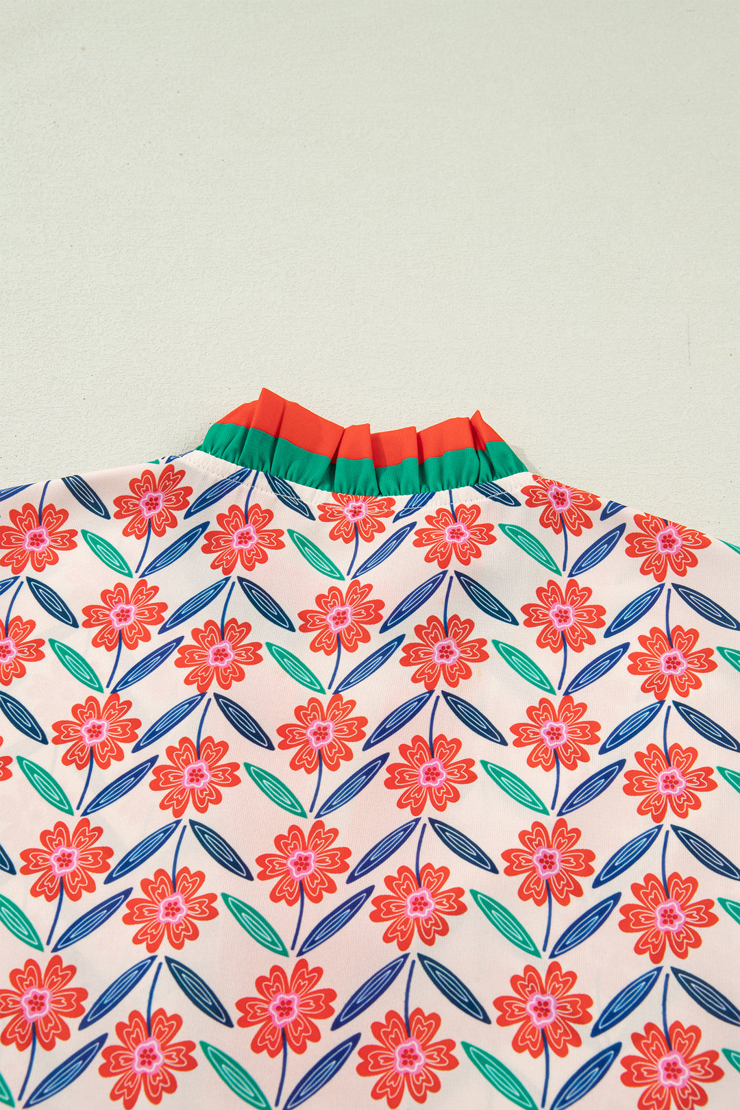 Floral Print Striped Detail V Neck Ruffled Short Sleeve Blouse