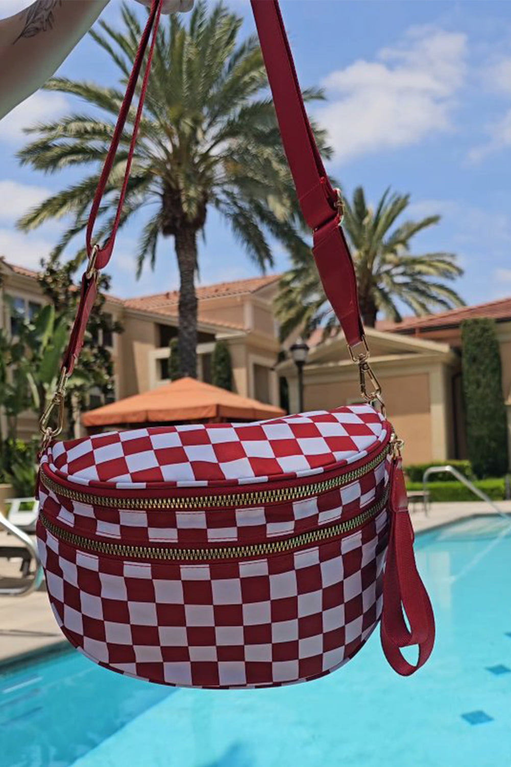 Checkered/Animal Spots Print Wide Strap Large Crossbody Bag