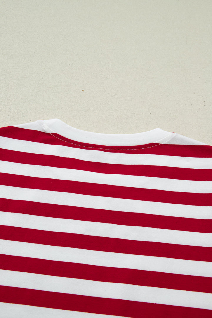 Red Stripe Patchwork Round Neck Short Sleeve T Shirt