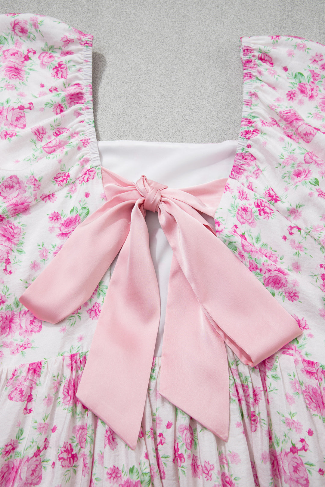 Cute Pink Floral Print Square Neck Ribbon Knot Back Cute Mini Dress