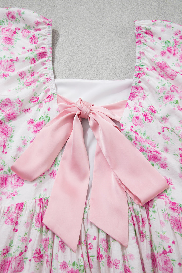 Cute Pink Floral Print Square Neck Ribbon Knot Back Cute Mini Dress