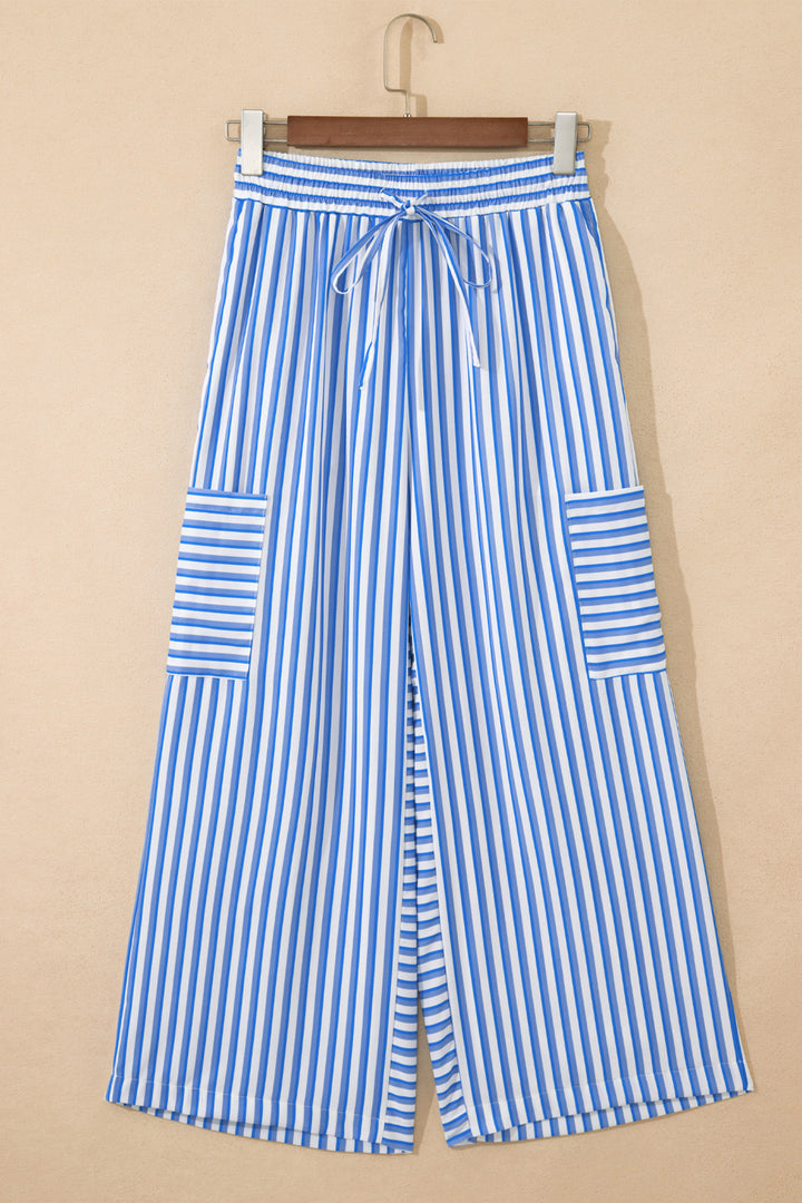 Sky Blue Stripe Drawstring Elastic Waist Patch Pocket Wide Leg Ankle-length Pants