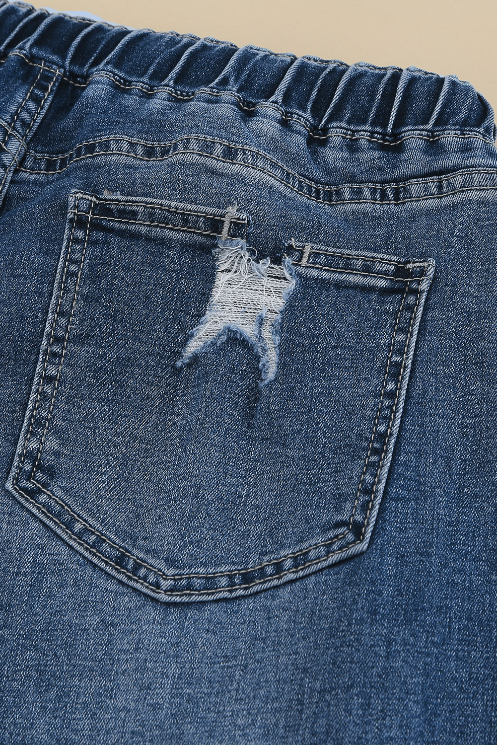 Dark Blue Elastic Waist Straight Leg Destroyed Raw Hem Jeans