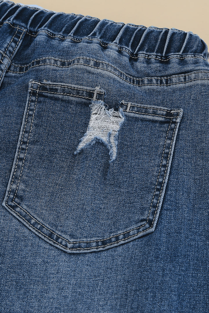 Dark Blue Elastic Waist Straight Leg Destroyed Raw Hem Jeans